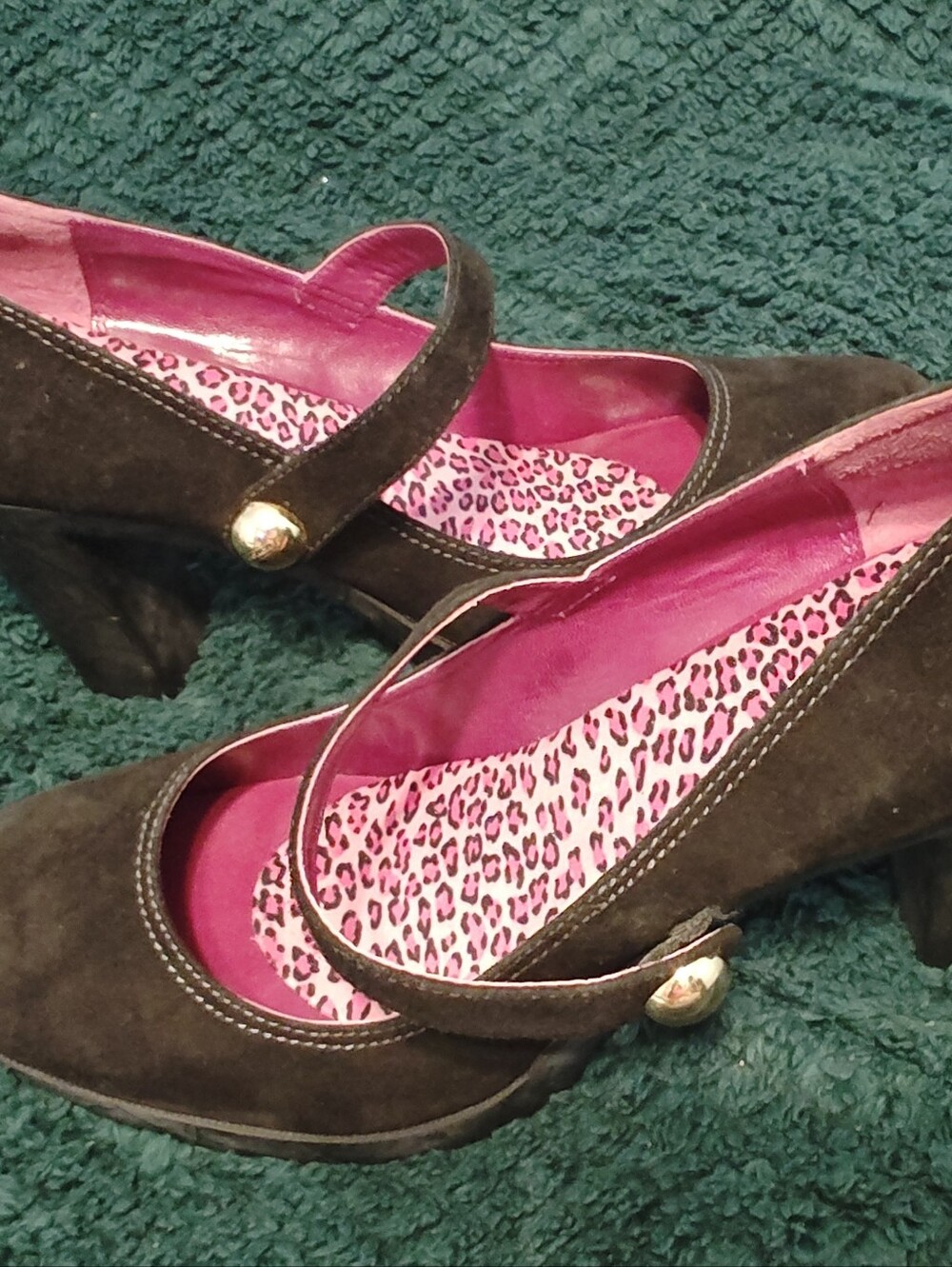 Women’s Black Suede Mary Jane Heels with Pink Leopard Insole